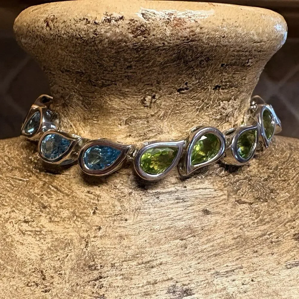 Tennis Bracelet Sterling Silver and Multi Teardrop Gemstones Vintage 7.25 Inch